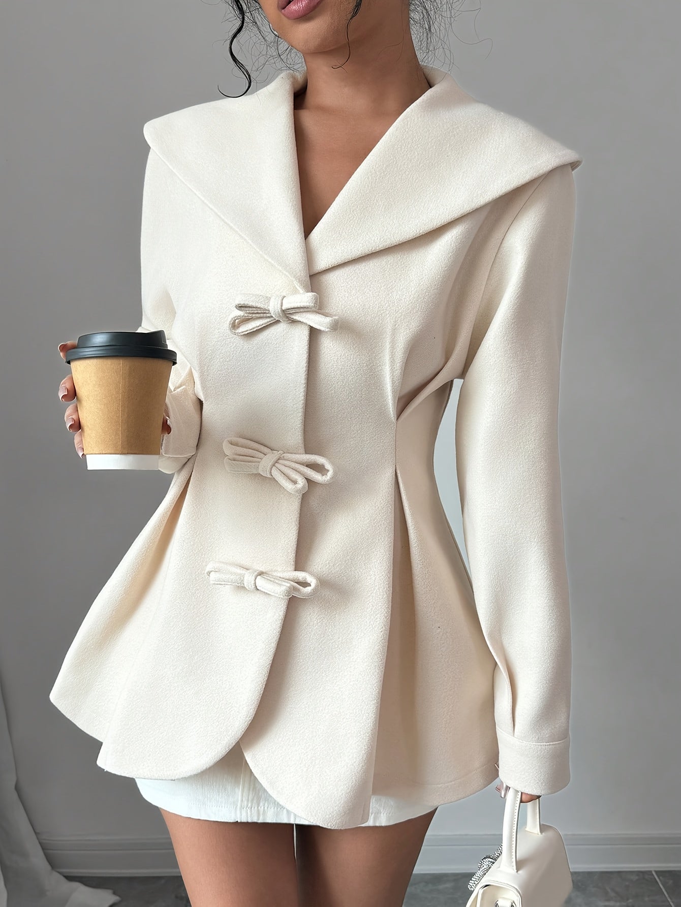 Elegant Winter Fashion Polyester Coat, Solid Color Woven Long Sleeve Overcoat, with Bow Detail