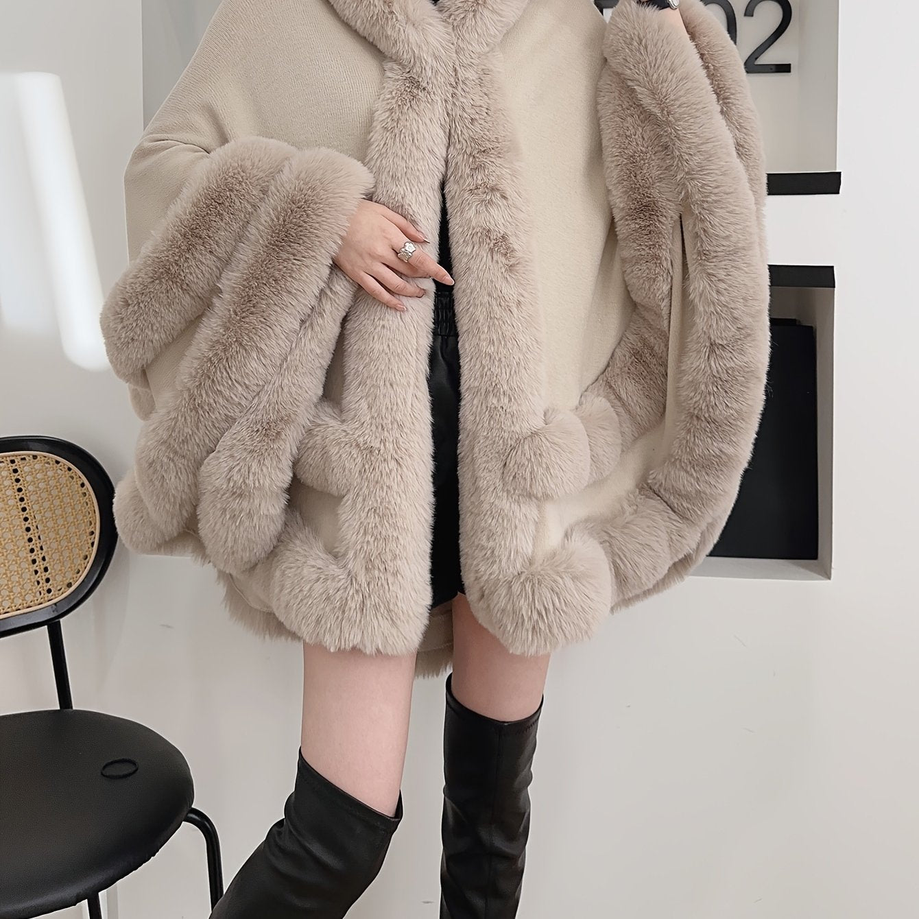 Chic Faux Fur Hooded Shawl Cape - Cozy Knit Cardigan for Women, Perfect for Fall/Winter