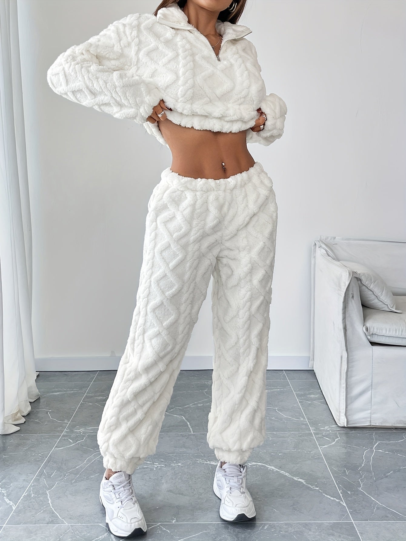 Cozy Polyester Casual Long Pants Set with Chimney Collar, Zipper Detail - Machine Washable, Solid Color for Fall/Winter