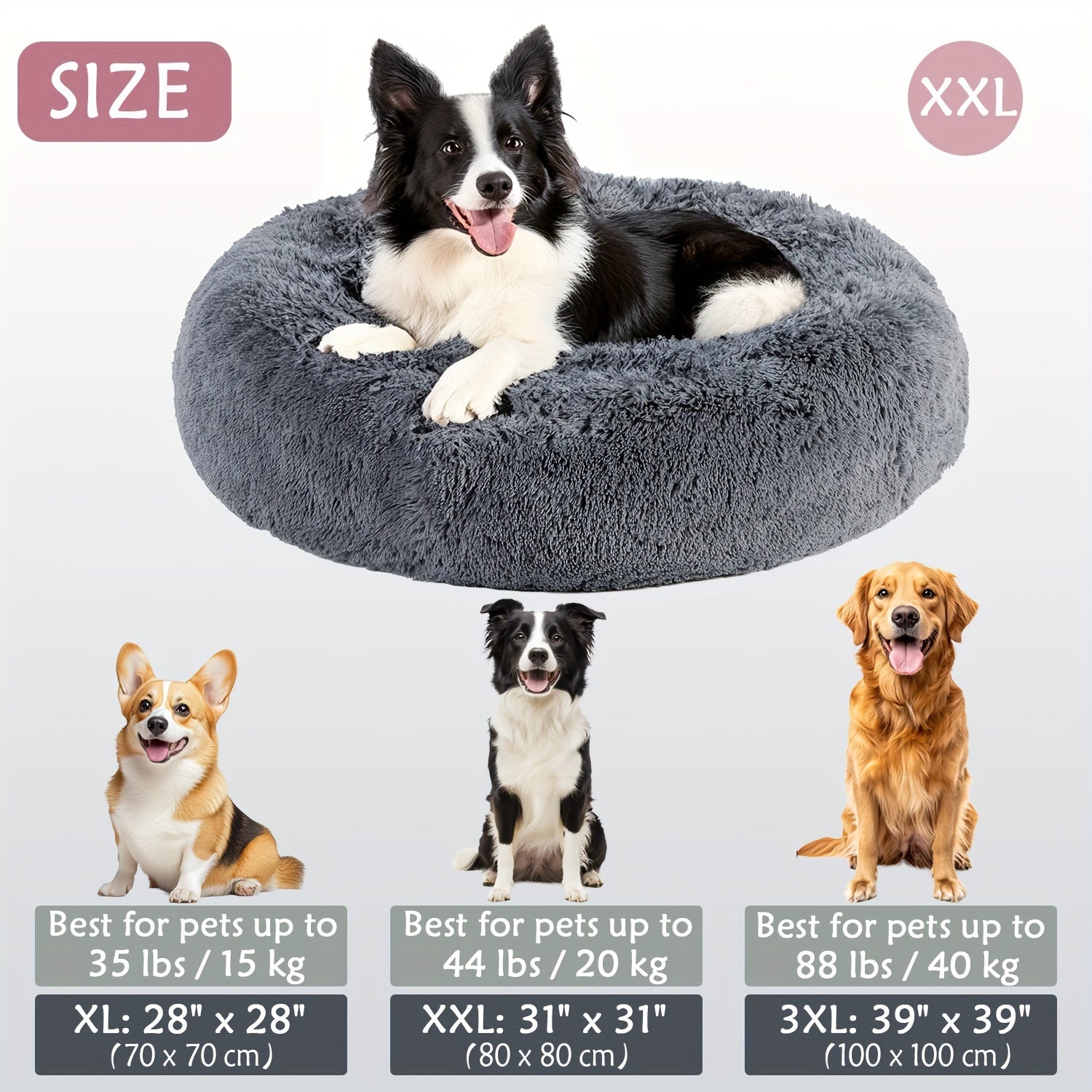 Calming Dog & Cat Bed, Donut Cuddler Warming Cozy Soft Round Bed, Fluffy Faux Fur Plush Cushion Bed For Small Medium And Large Dogs And Cats (40.64cm/50.8cm/60.96cm/71.12cm/78.74cm/99.06cm)