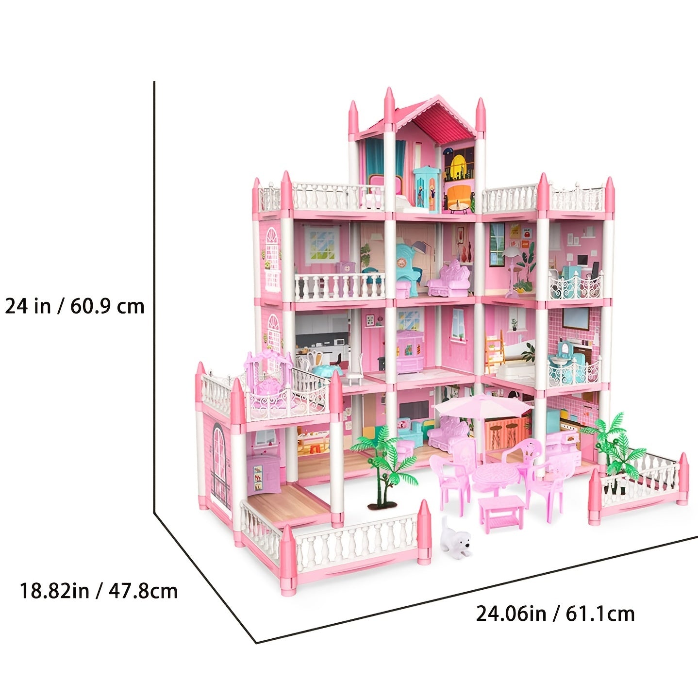 Doll set contains 11 rooms and furniture accessories. Pink children's doll house toy house DIY pretend games to build assembled toys, suitable for birthday gifts of girls aged 5, 6, 7, 8 and 9.