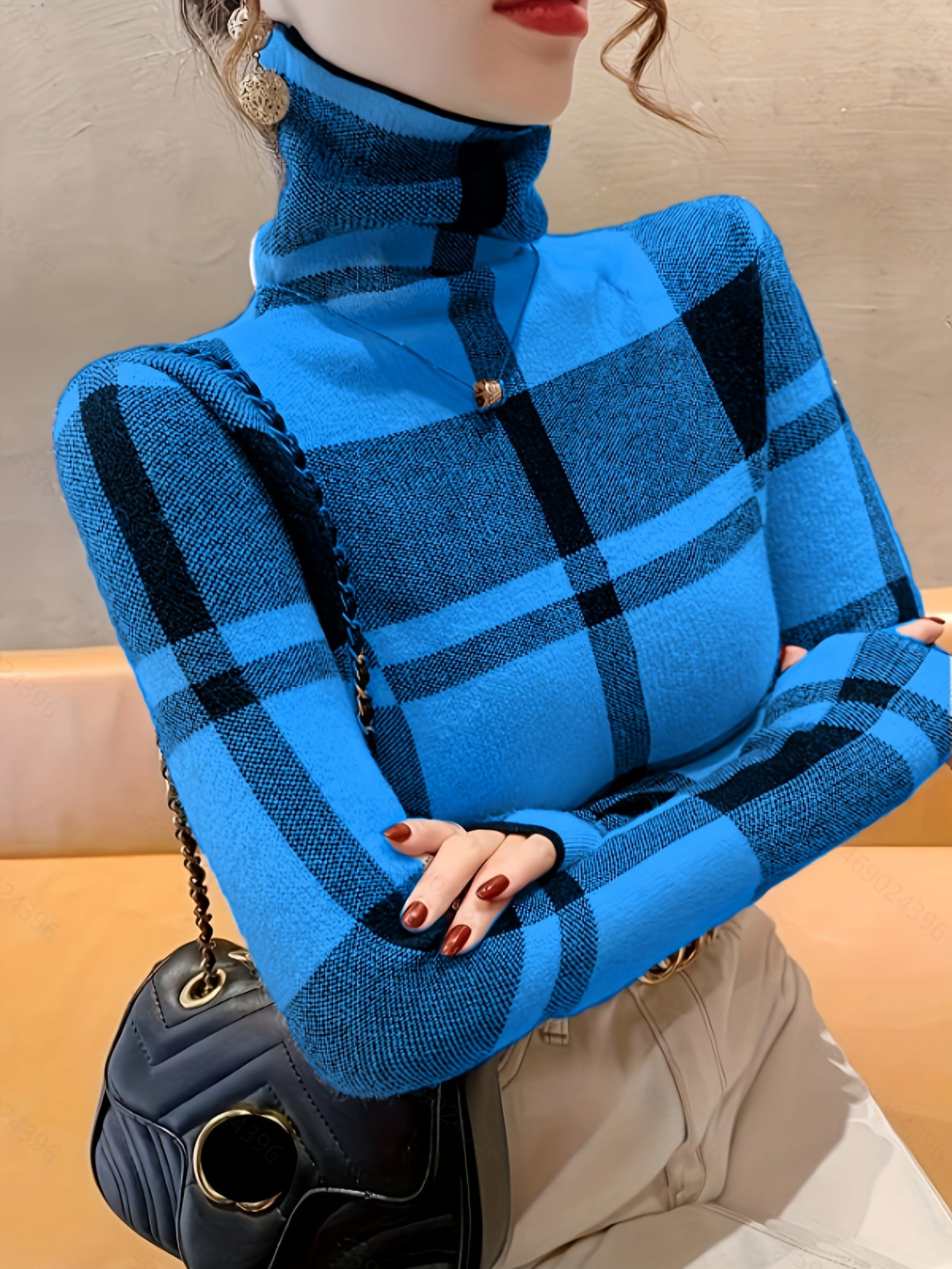 [Popular Choice] Elegant Blue and Black Plaid Turtleneck Sweater for Women - Soft Knit Pullover with Stretch, Machine Washable, Ideal for Fall/Winter, Plus Size Sweaters, Grid Pattern