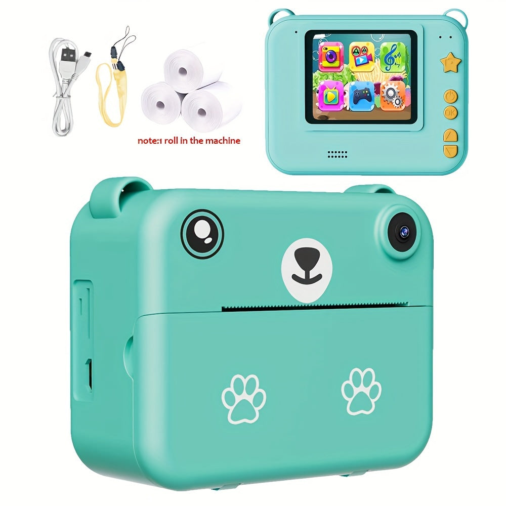 Instant Print Kids Camera, Digital Toy Camera with HD 480p Video, Simple Shooting Mode, USB Rechargeable 1500mAh Battery, Lithium Polymer, ABS Material, with Time-Lapse Feature, LCD Display, AVI Format, for Ages 3-12, Gift fo