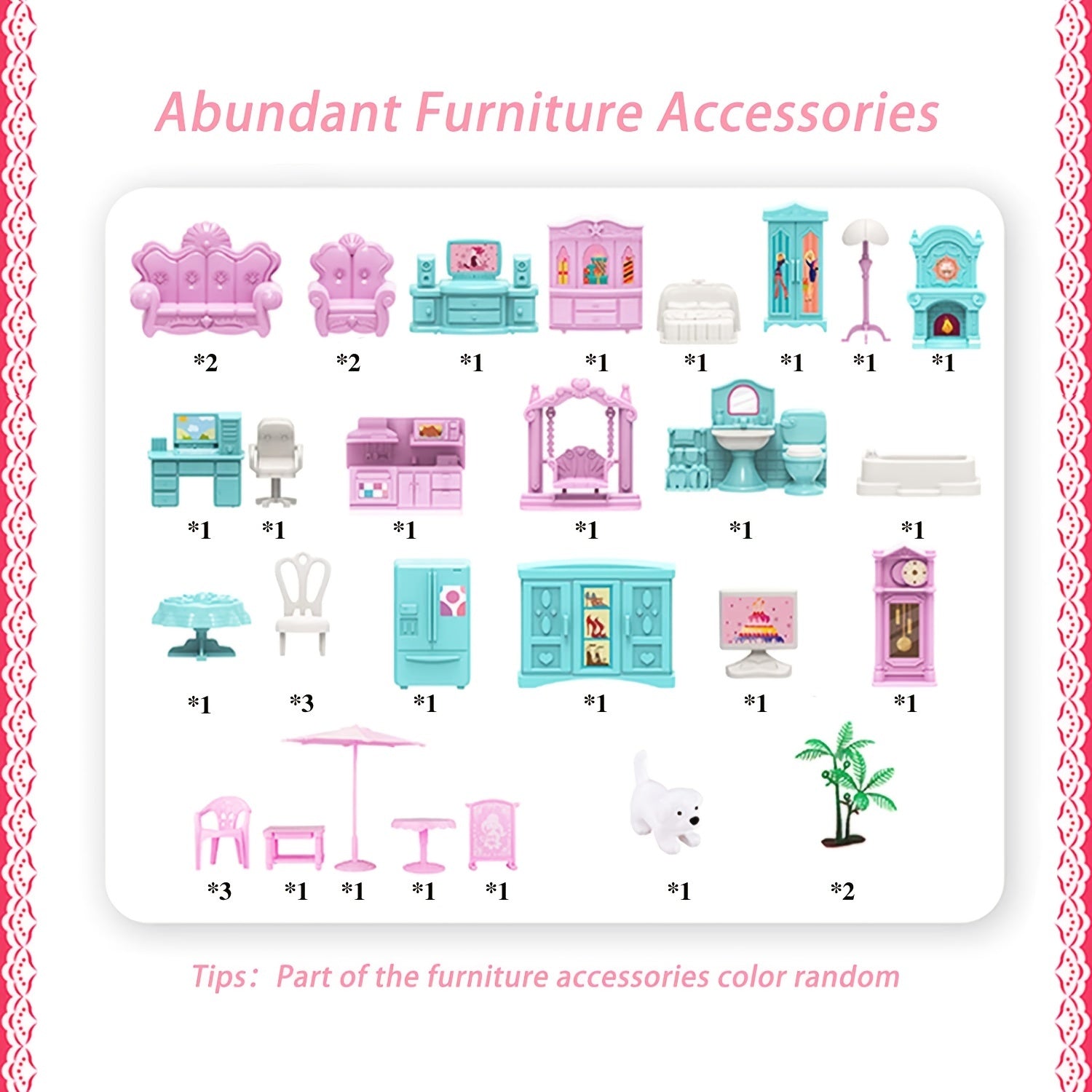 Doll set contains 11 rooms and furniture accessories. Pink children's doll house toy house DIY pretend games to build assembled toys, suitable for birthday gifts of girls aged 5, 6, 7, 8 and 9.