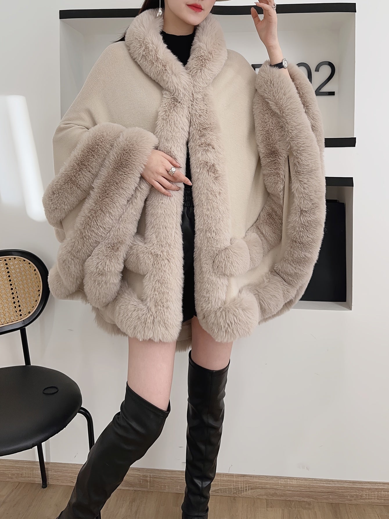 Chic Faux Fur Hooded Shawl Cape - Cozy Knit Cardigan for Women, Perfect for Fall/Winter