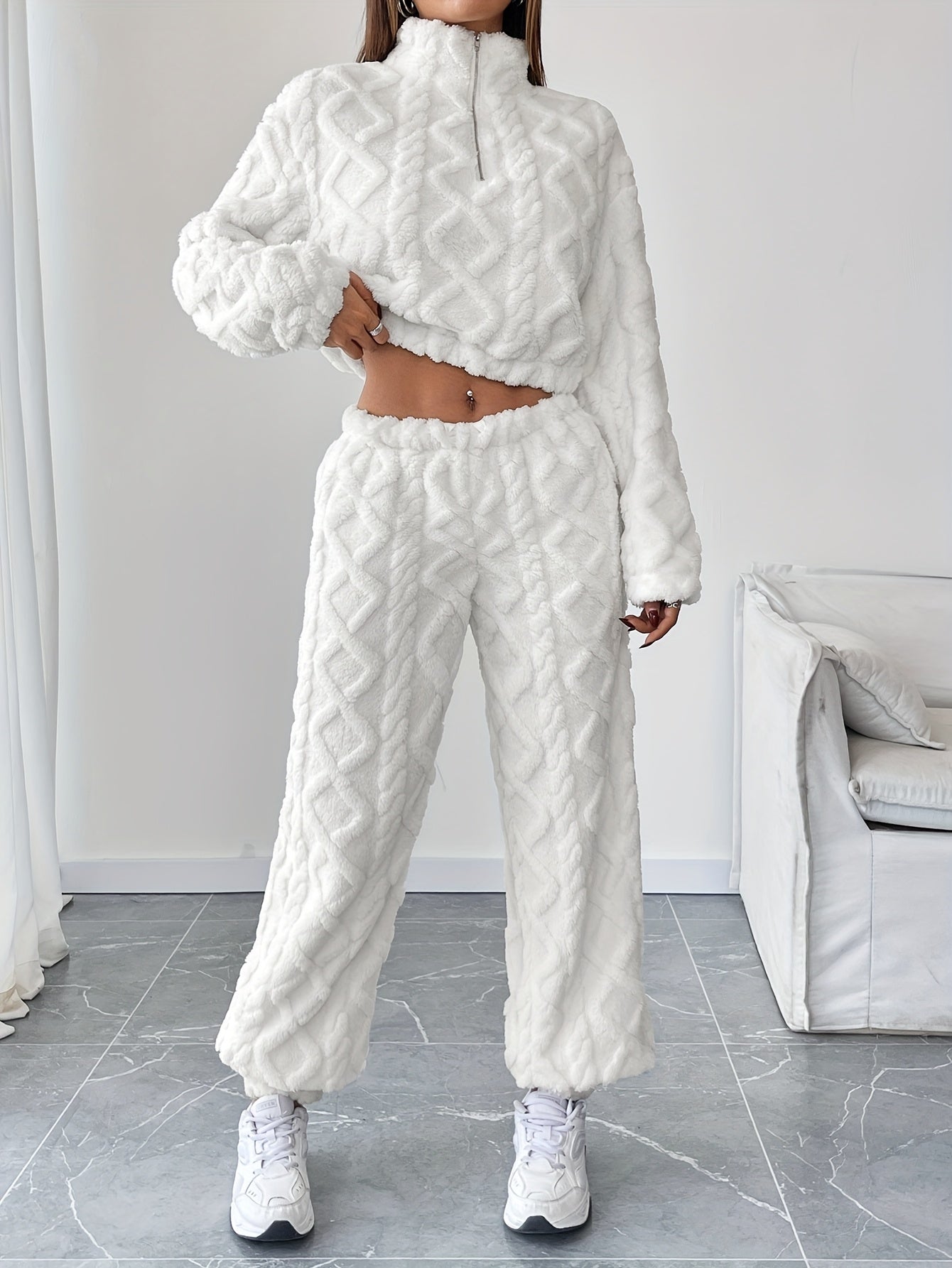 Cozy Polyester Casual Long Pants Set with Chimney Collar, Zipper Detail - Machine Washable, Solid Color for Fall/Winter