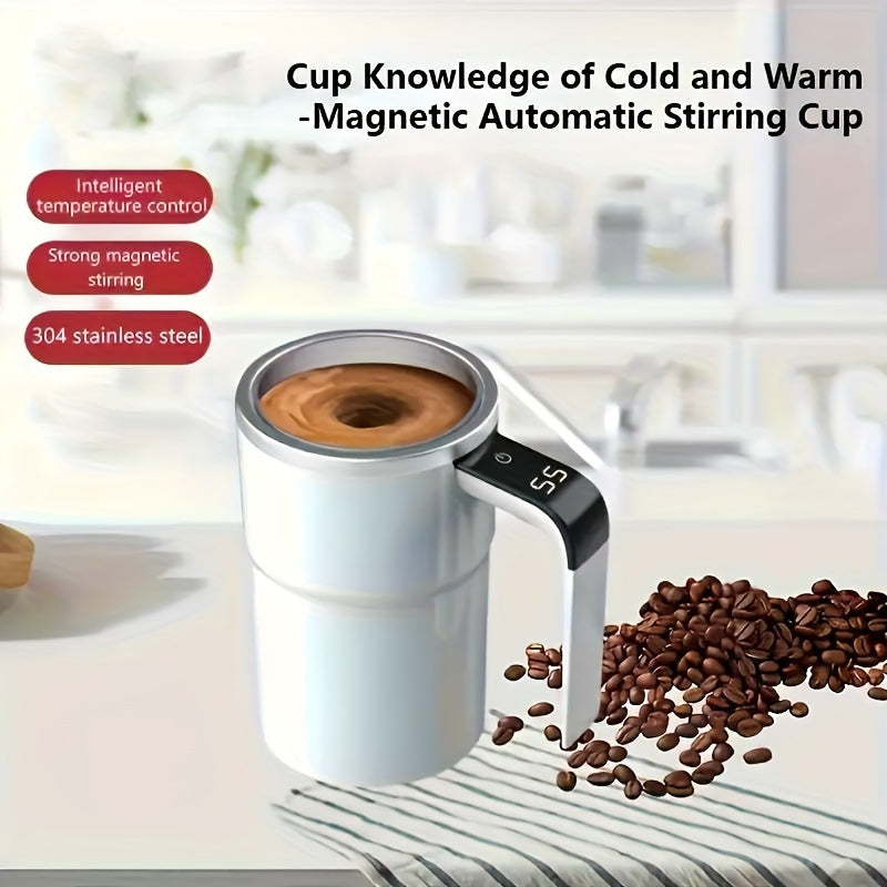 Effortless, Smart USB-Powered Coffee Mug with Magnetic Stirring & Temperature Display - 12.85oz Stainless Steel Electric Percolator for Milk, Chocolate, Mocha - Travel-Friendly, Perfect Christmas Gift