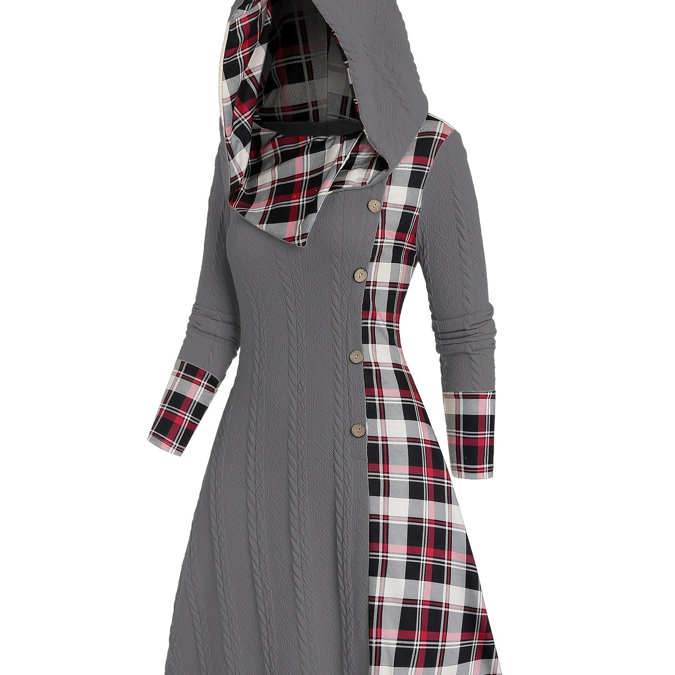 Plaid Print Splicing Hooded Dress, Casual Long Sleeve A Line Dress, Women's Clothing