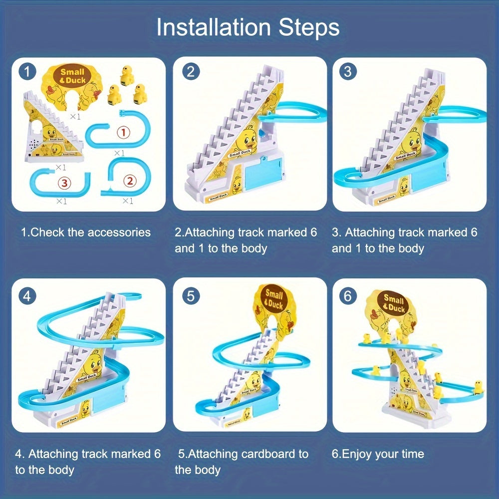 6-Pack Small Duck Climbing Stairs with Lights & Music, Fun Cute Duck Slide Track Toy Set, Children'S Easter Gift, Plastic, Yellow