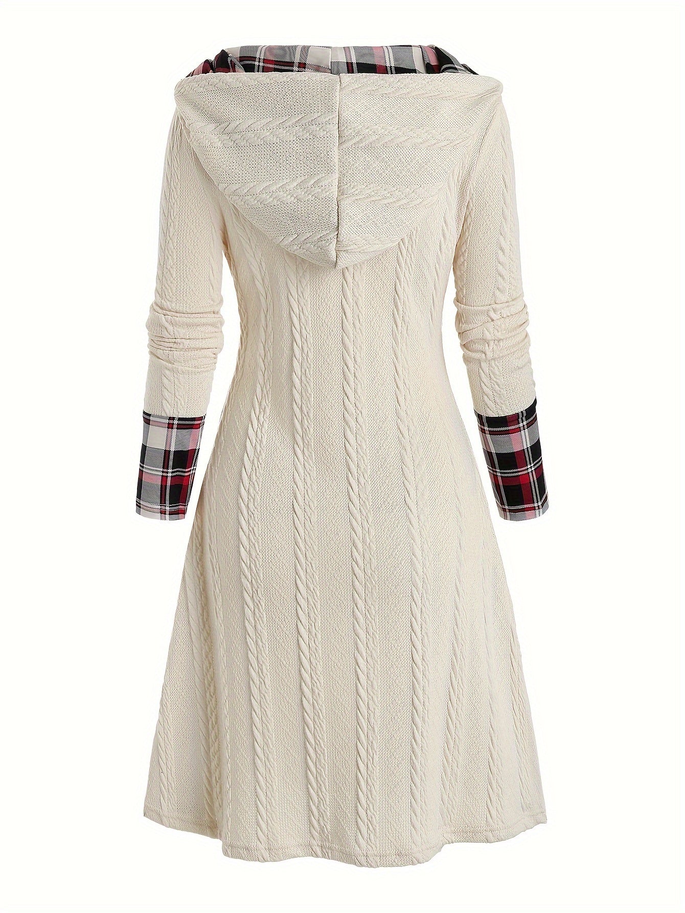 Plaid Print Splicing Hooded Dress, Casual Long Sleeve A Line Dress, Women's Clothing