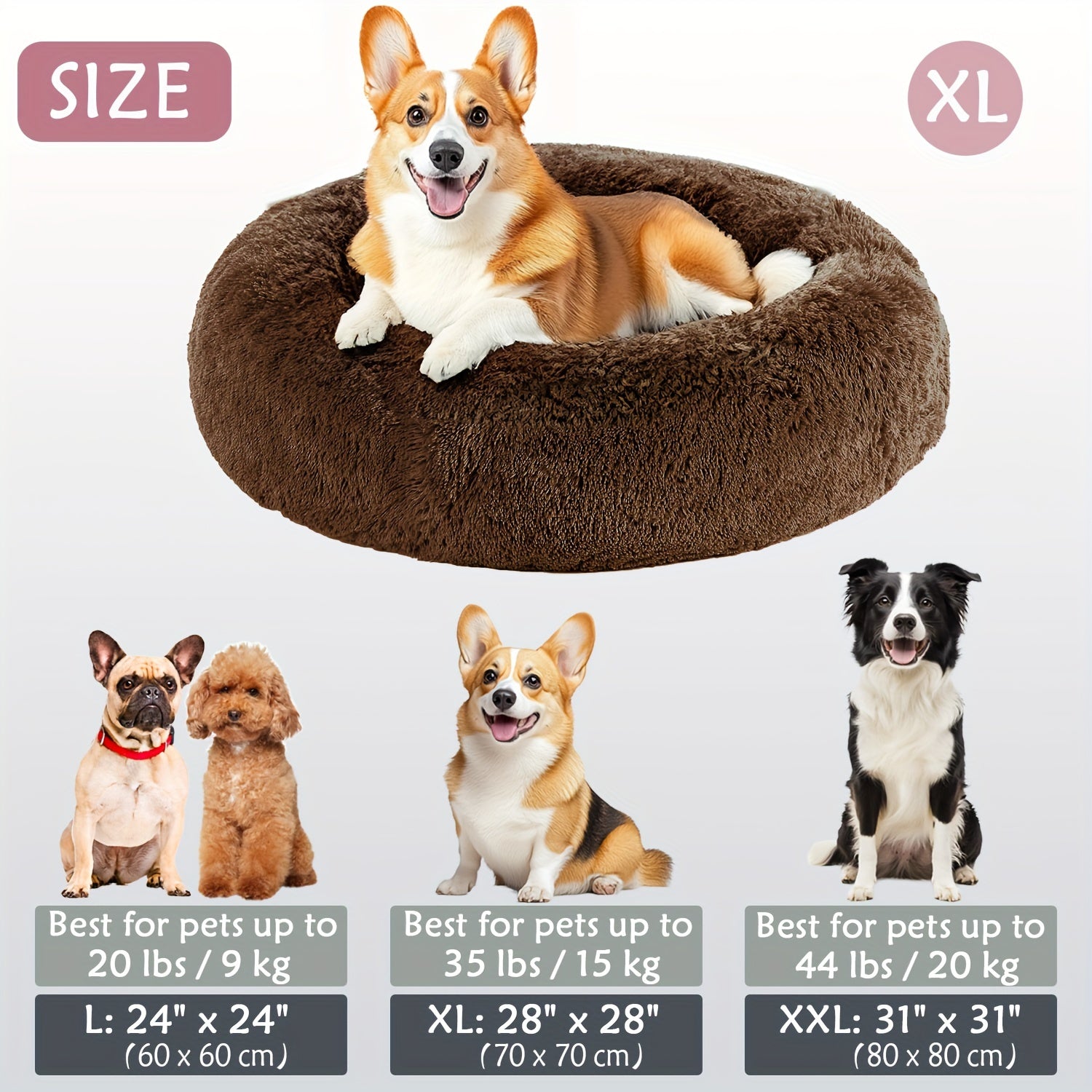 Calming Dog & Cat Bed, Donut Cuddler Warming Cozy Soft Round Bed, Fluffy Faux Fur Plush Cushion Bed For Small Medium And Large Dogs And Cats (40.64cm/50.8cm/60.96cm/71.12cm/78.74cm/99.06cm)