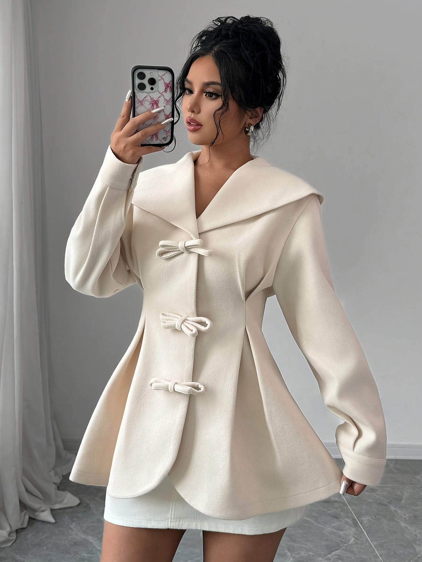 Elegant Winter Fashion Polyester Coat, Solid Color Woven Long Sleeve Overcoat, with Bow Detail