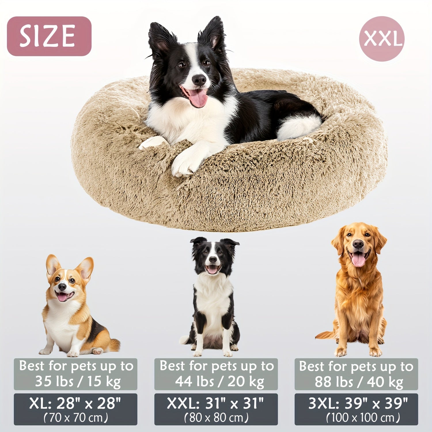 Calming Dog & Cat Bed, Donut Cuddler Warming Cozy Soft Round Bed, Fluffy Faux Fur Plush Cushion Bed For Small Medium And Large Dogs And Cats (40.64cm/50.8cm/60.96cm/71.12cm/78.74cm/99.06cm)