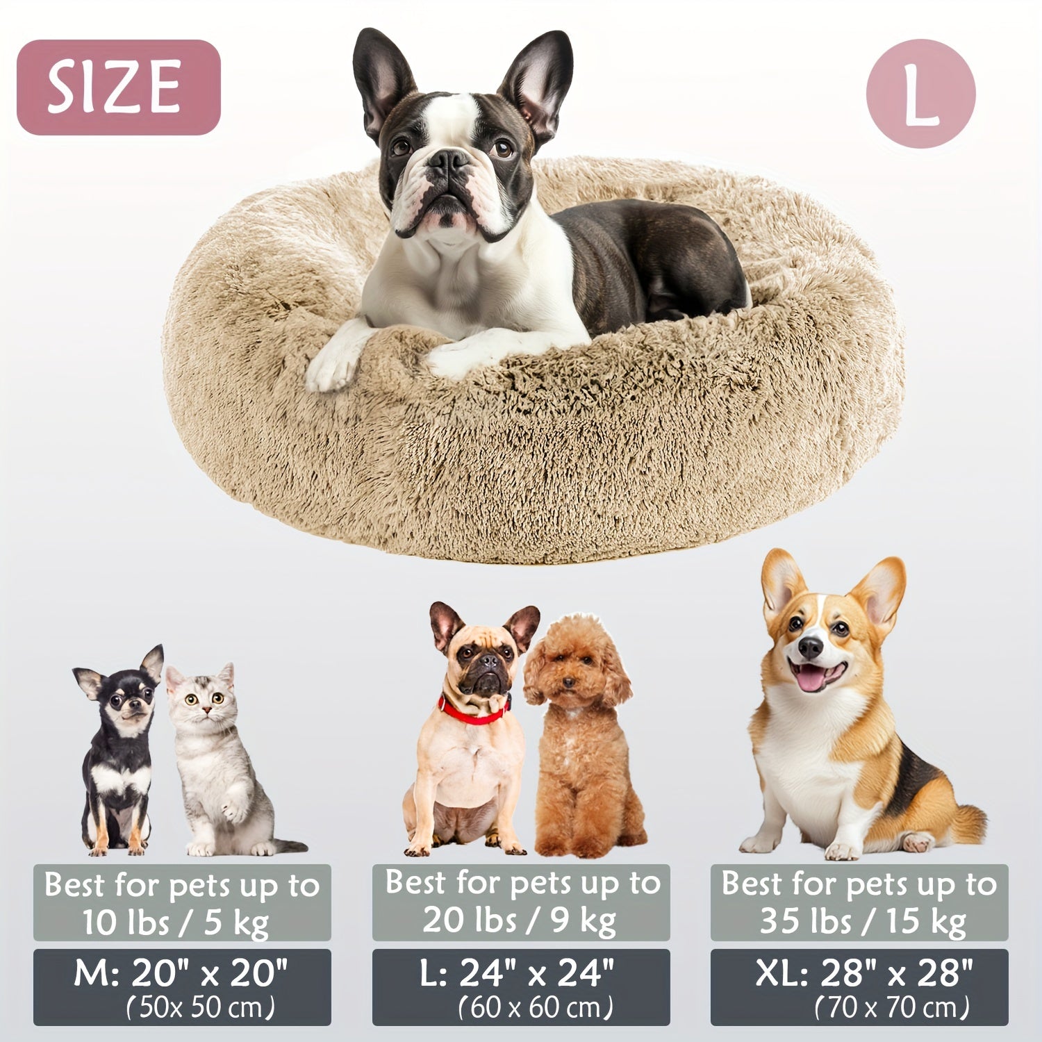 Calming Dog & Cat Bed, Donut Cuddler Warming Cozy Soft Round Bed, Fluffy Faux Fur Plush Cushion Bed For Small Medium And Large Dogs And Cats (40.64cm/50.8cm/60.96cm/71.12cm/78.74cm/99.06cm)