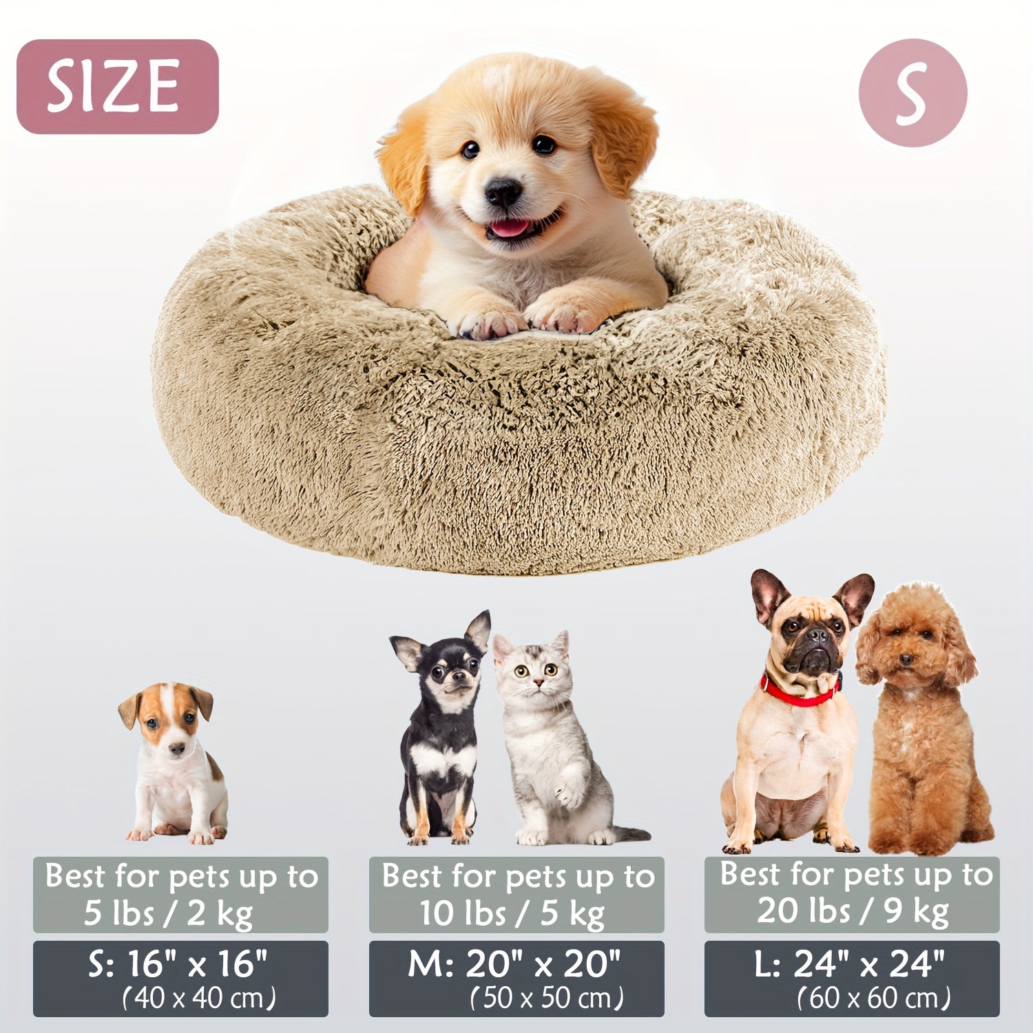 Calming Dog & Cat Bed, Donut Cuddler Warming Cozy Soft Round Bed, Fluffy Faux Fur Plush Cushion Bed For Small Medium And Large Dogs And Cats (40.64cm/50.8cm/60.96cm/71.12cm/78.74cm/99.06cm)