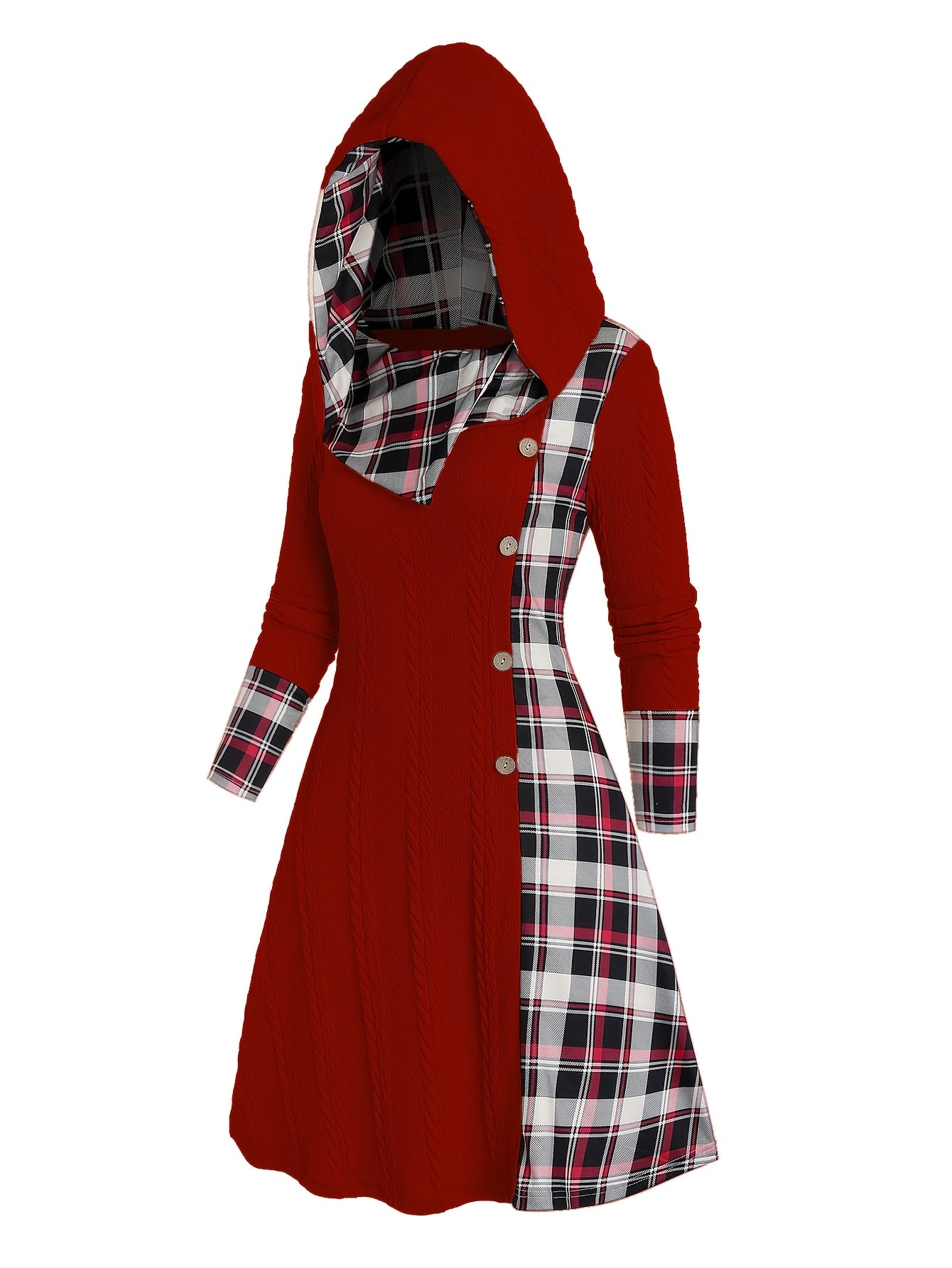 Plaid Print Splicing Hooded Dress, Casual Long Sleeve A Line Dress, Women's Clothing