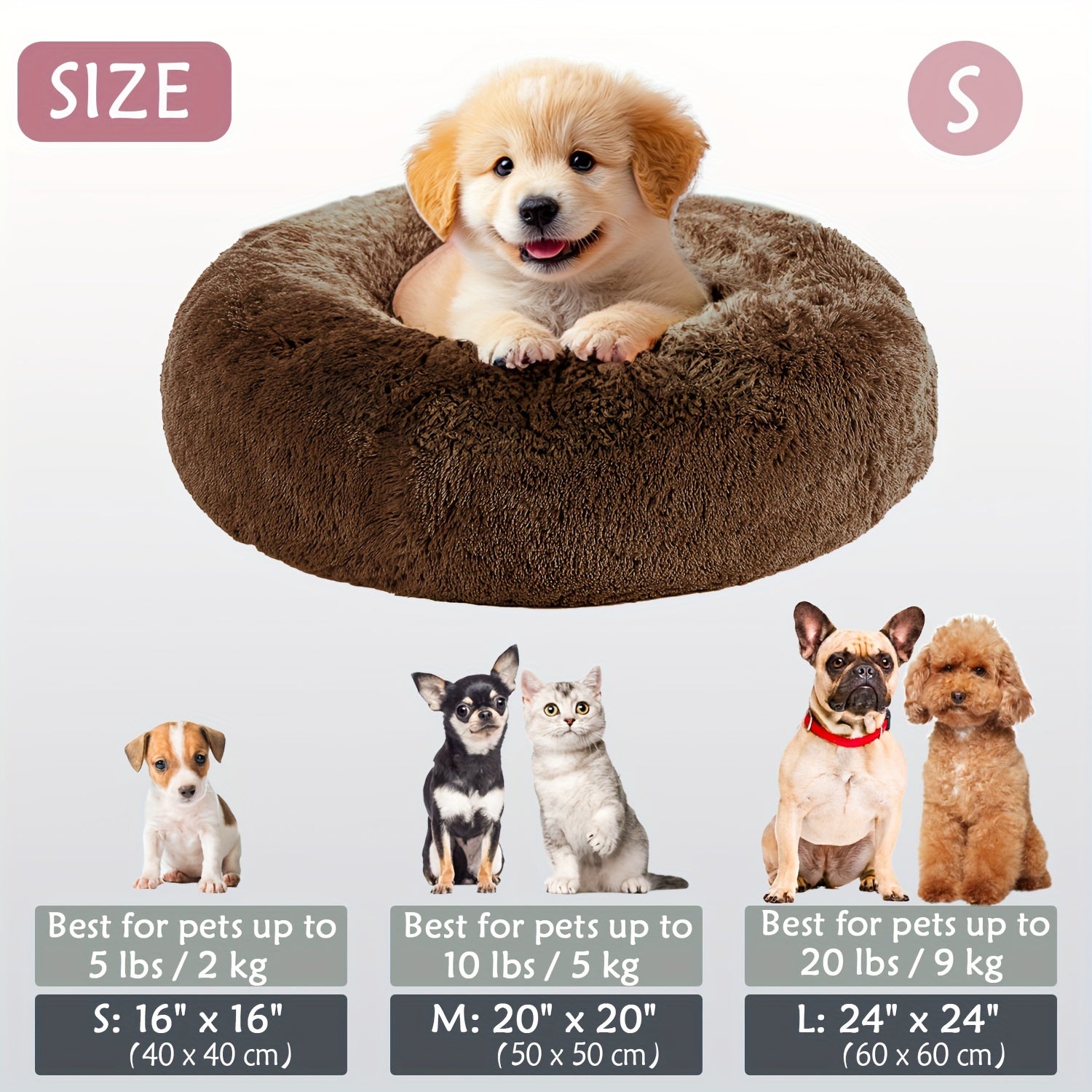 Calming Dog & Cat Bed, Donut Cuddler Warming Cozy Soft Round Bed, Fluffy Faux Fur Plush Cushion Bed For Small Medium And Large Dogs And Cats (40.64cm/50.8cm/60.96cm/71.12cm/78.74cm/99.06cm)