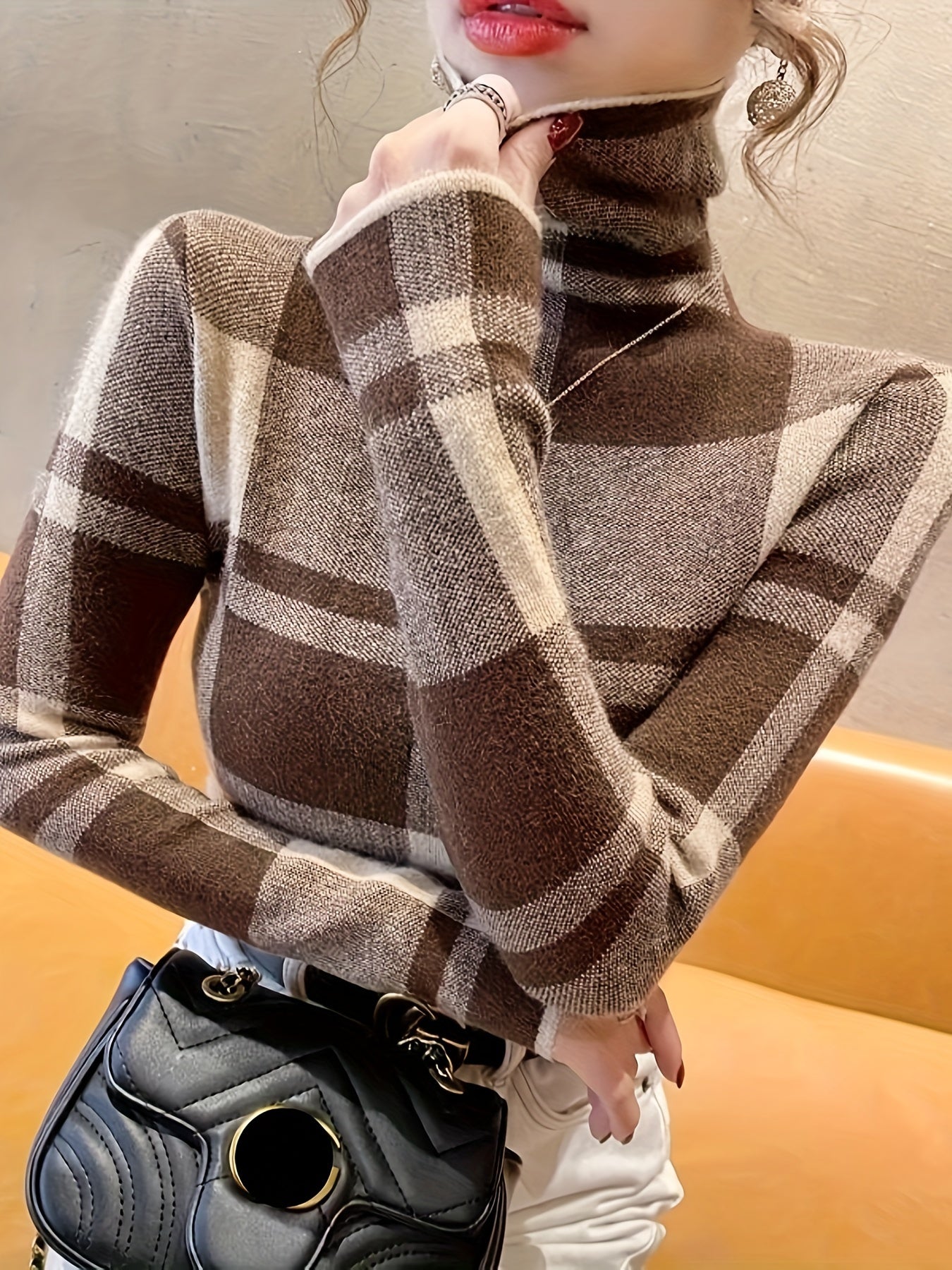 [Popular Choice] Elegant Blue and Black Plaid Turtleneck Sweater for Women - Soft Knit Pullover with Stretch, Machine Washable, Ideal for Fall/Winter, Plus Size Sweaters, Grid Pattern