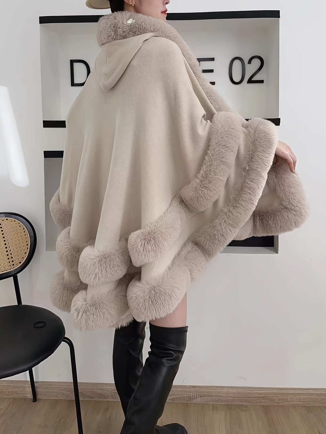 Chic Faux Fur Hooded Shawl Cape - Cozy Knit Cardigan for Women, Perfect for Fall/Winter