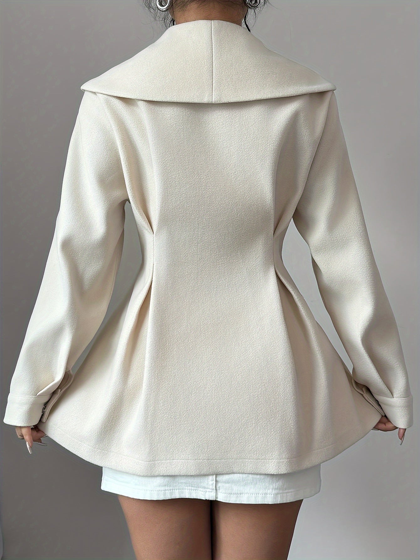 Elegant Winter Fashion Polyester Coat, Solid Color Woven Long Sleeve Overcoat, with Bow Detail