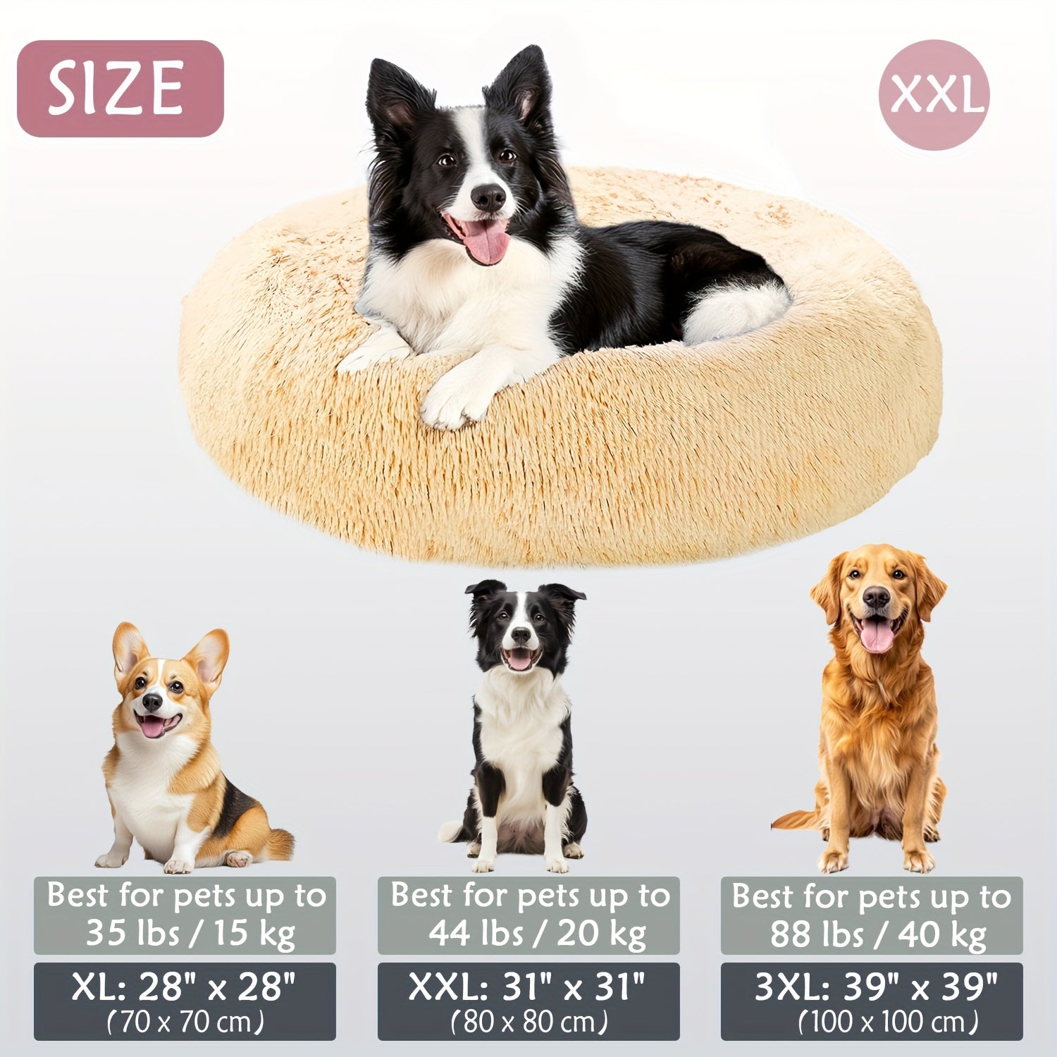 Calming Dog & Cat Bed, Donut Cuddler Warming Cozy Soft Round Bed, Fluffy Faux Fur Plush Cushion Bed For Small Medium And Large Dogs And Cats (40.64cm/50.8cm/60.96cm/71.12cm/78.74cm/99.06cm)