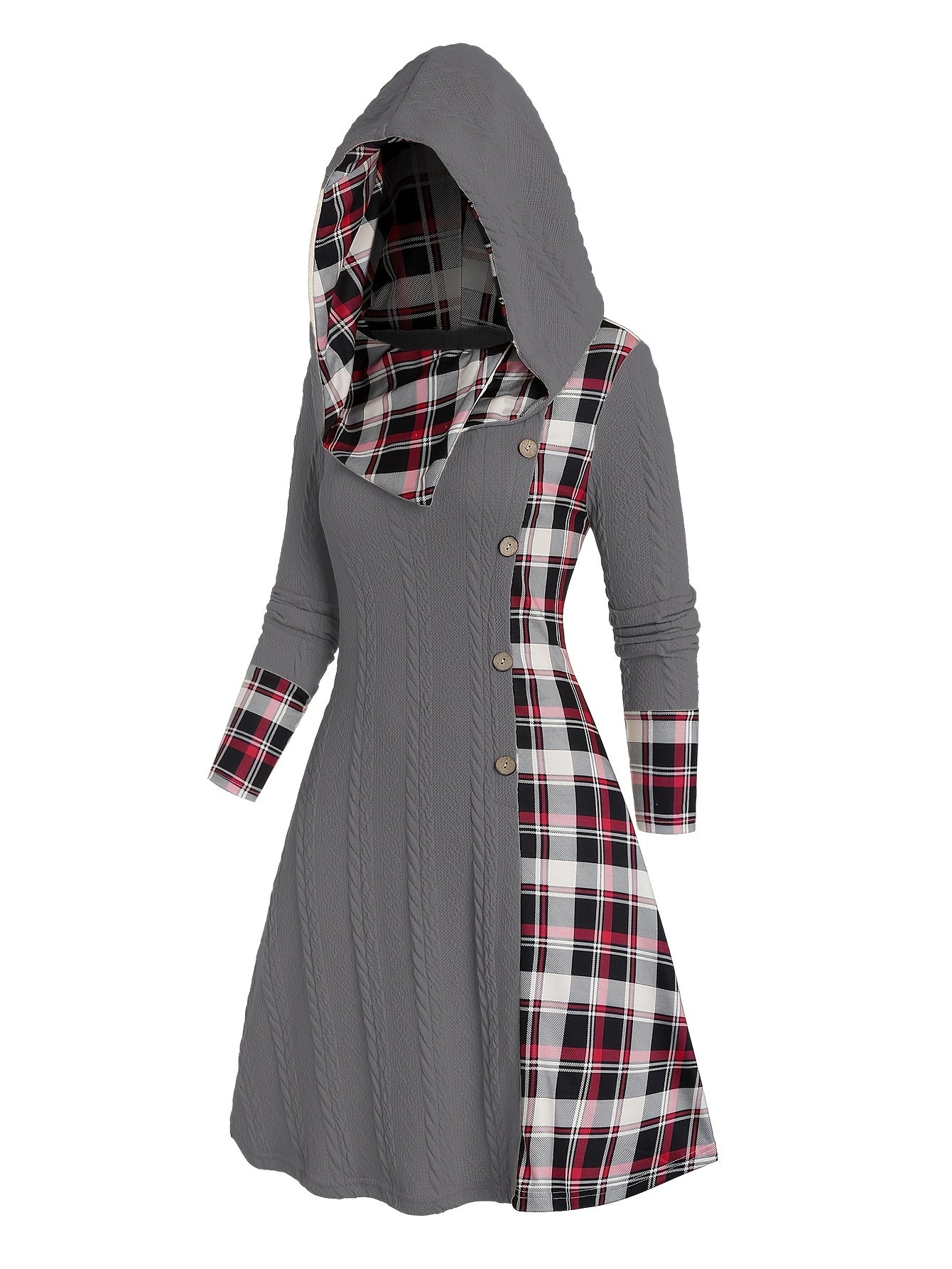 Plaid Print Splicing Hooded Dress, Casual Long Sleeve A Line Dress, Women's Clothing