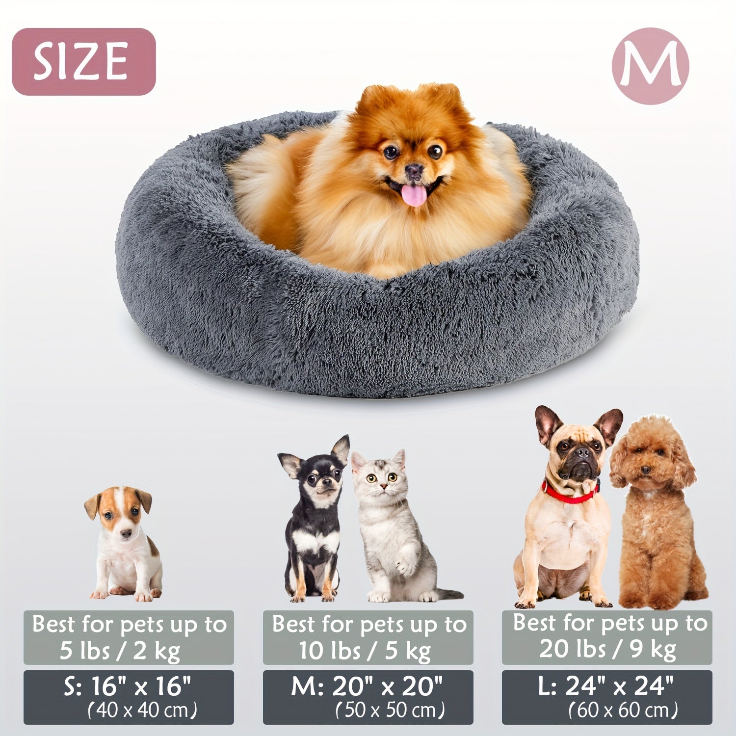 Calming Dog & Cat Bed, Donut Cuddler Warming Cozy Soft Round Bed, Fluffy Faux Fur Plush Cushion Bed For Small Medium And Large Dogs And Cats (40.64cm/50.8cm/60.96cm/71.12cm/78.74cm/99.06cm)