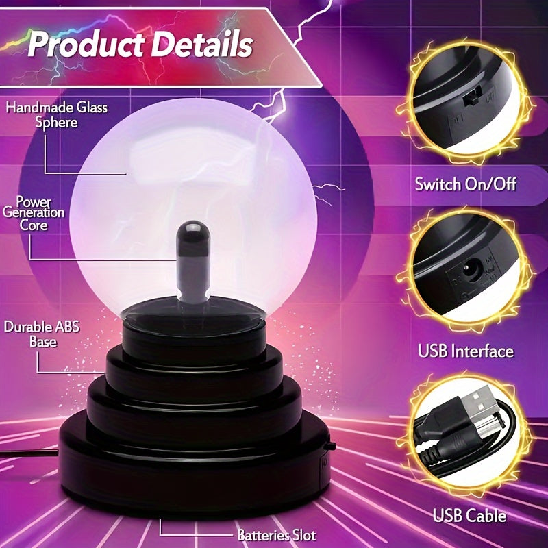 Interactive Plasma Globe light source with Touch & Sound Control - USB Powered, Polished Finish, Ideal for Bedroom Decor