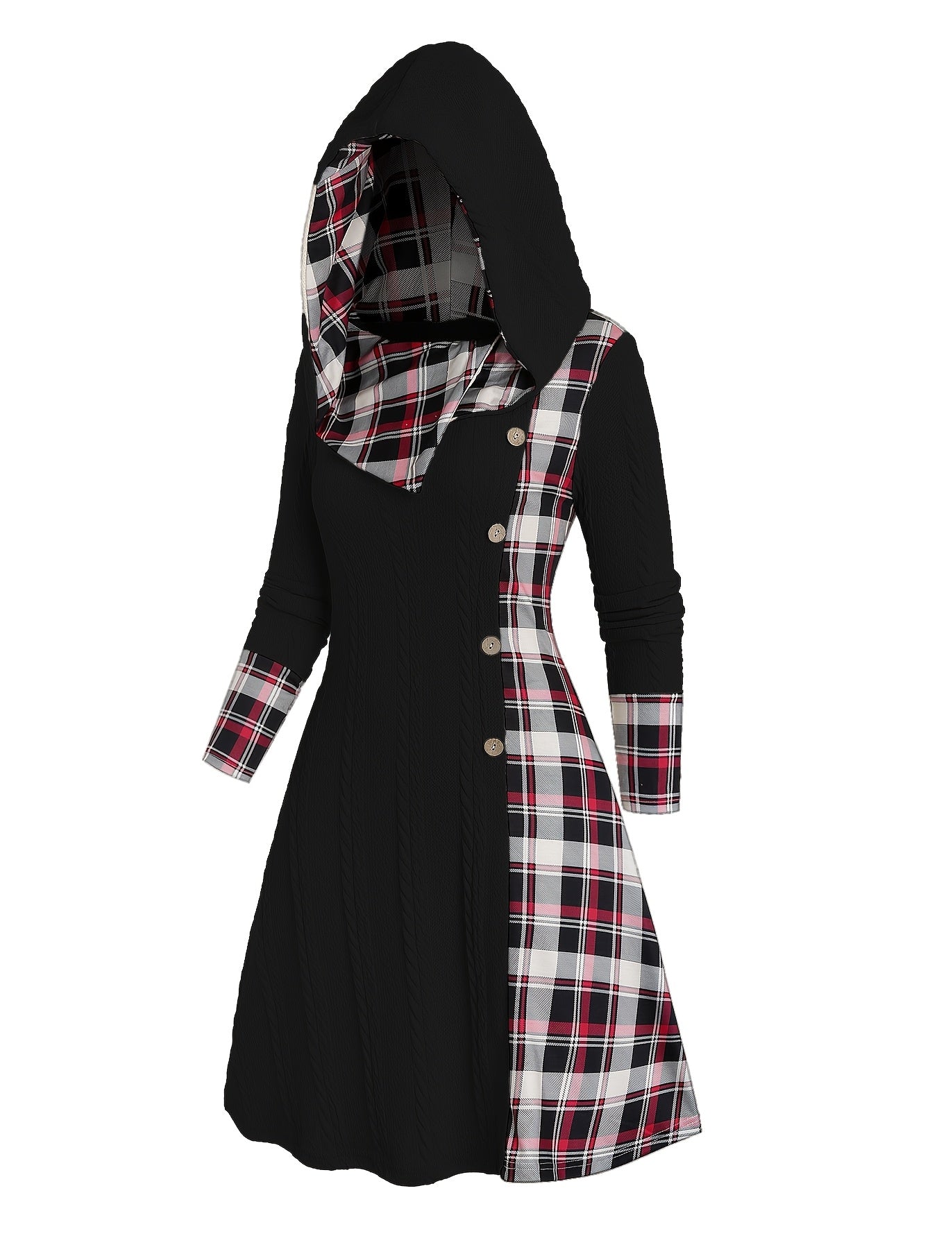 Plaid Print Splicing Hooded Dress, Casual Long Sleeve A Line Dress, Women's Clothing