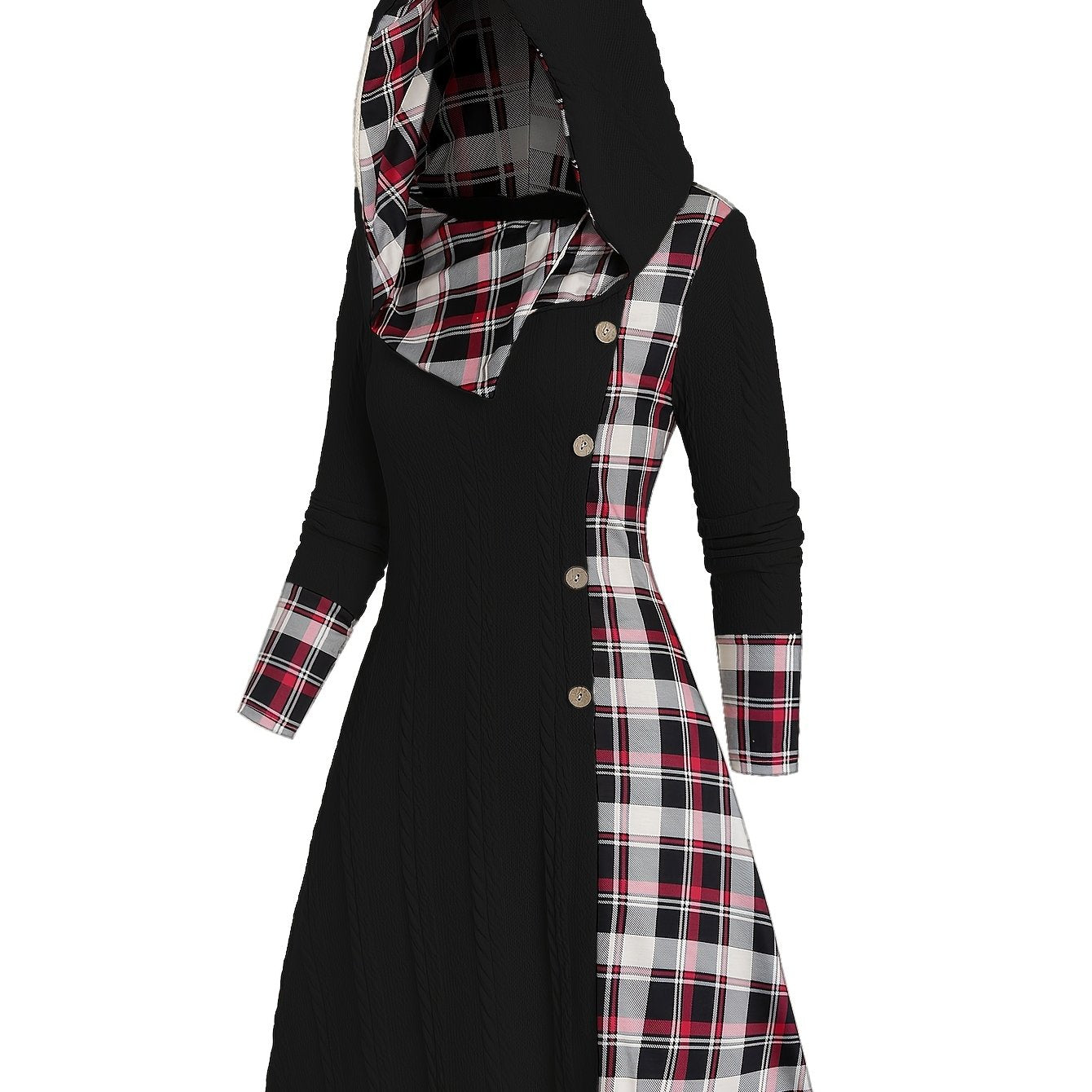 Plaid Print Splicing Hooded Dress, Casual Long Sleeve A Line Dress, Women's Clothing