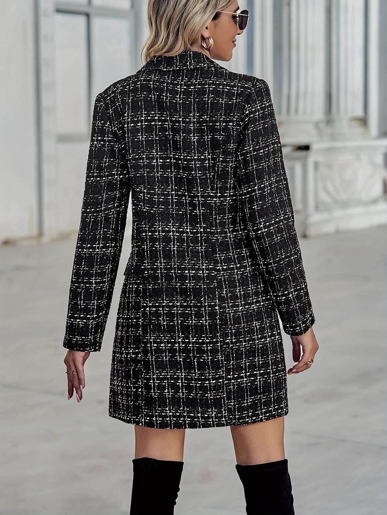 Elegant Long Polyester Plaid Blazer for Women - Double Breasted, Long Sleeve, Woven Pea Coat with Button Details, Fully Lined Fall/Winter Jacket