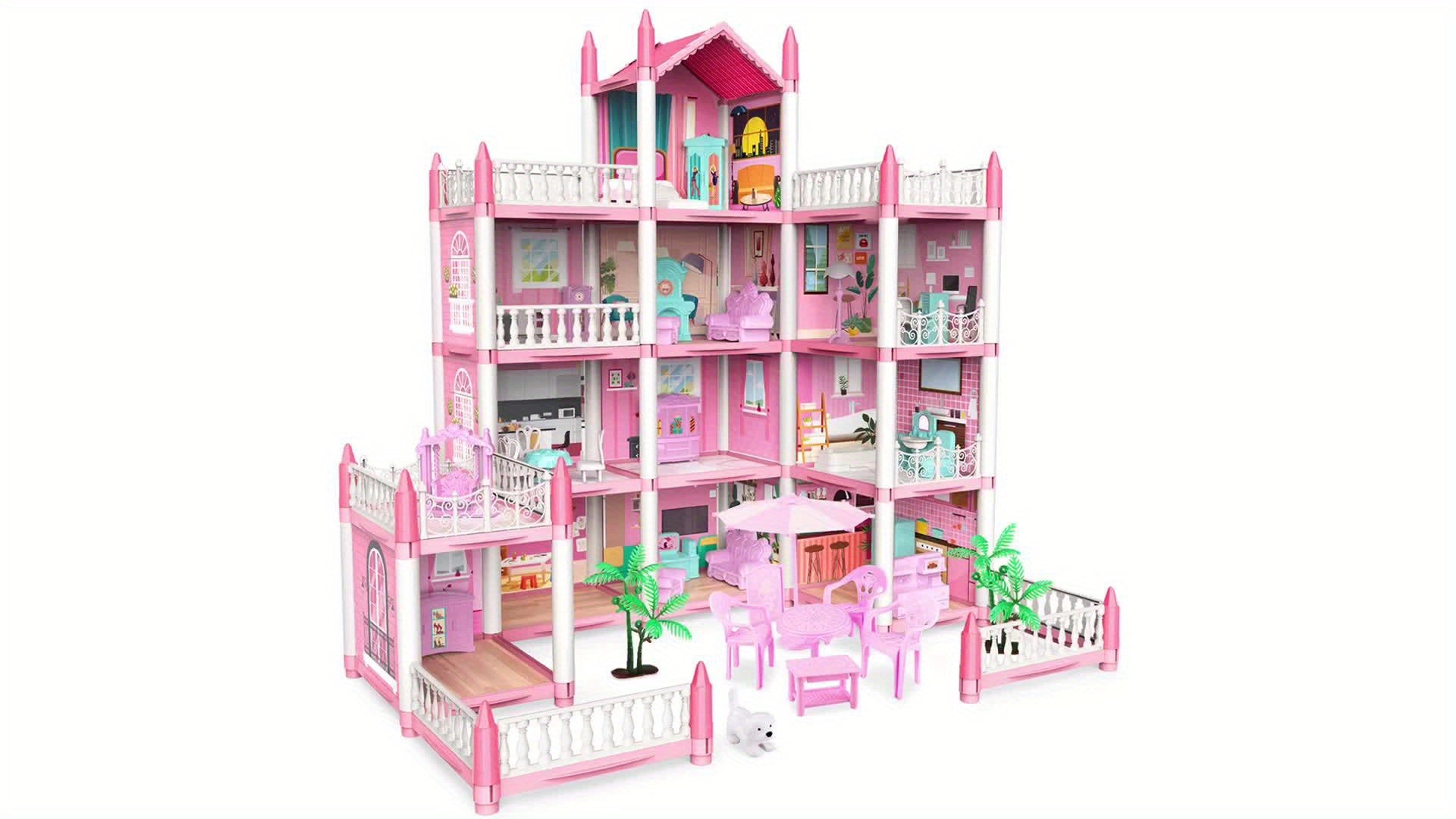 Doll set contains 11 rooms and furniture accessories. Pink children's doll house toy house DIY pretend games to build assembled toys, suitable for birthday gifts of girls aged 5, 6, 7, 8 and 9.