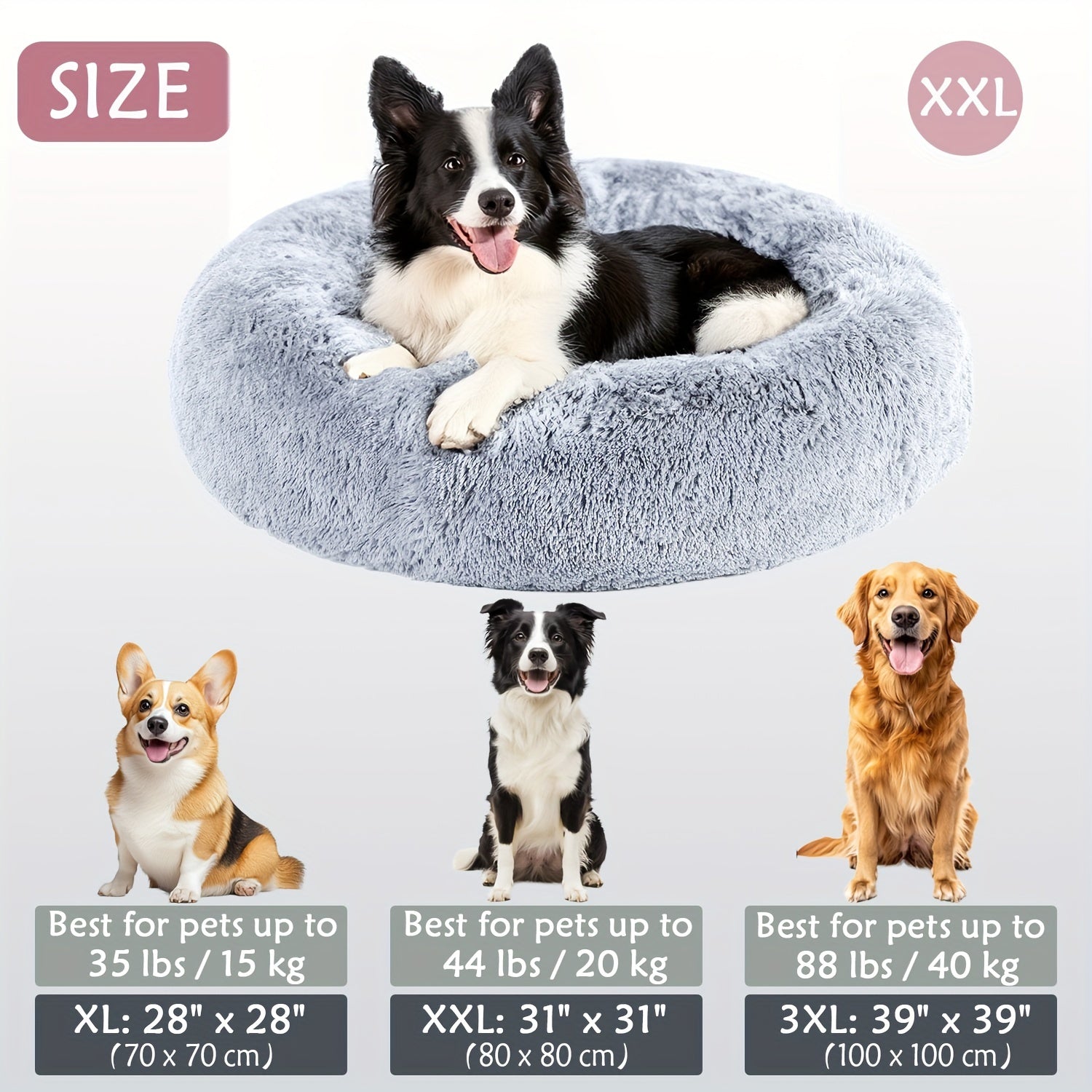 Calming Dog & Cat Bed, Donut Cuddler Warming Cozy Soft Round Bed, Fluffy Faux Fur Plush Cushion Bed For Small Medium And Large Dogs And Cats (40.64cm/50.8cm/60.96cm/71.12cm/78.74cm/99.06cm)