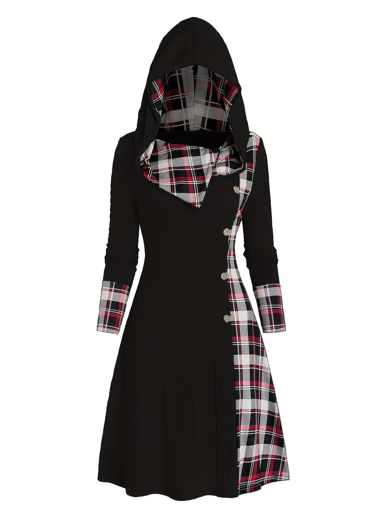 Plaid Print Splicing Hooded Dress, Casual Long Sleeve A Line Dress, Women's Clothing