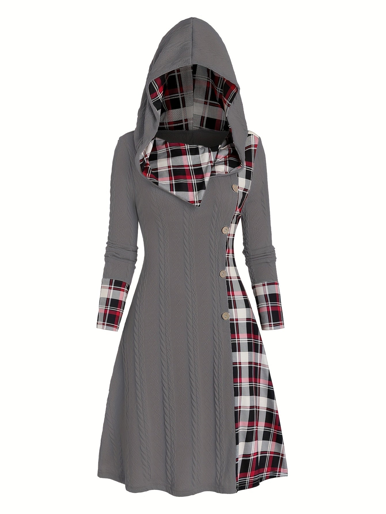 Plaid Print Splicing Hooded Dress, Casual Long Sleeve A Line Dress, Women's Clothing