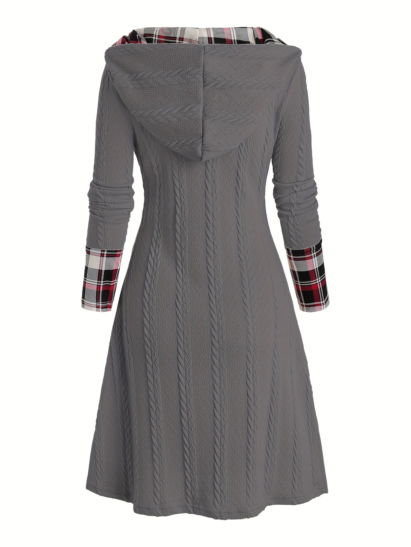 Plaid Print Splicing Hooded Dress, Casual Long Sleeve A Line Dress, Women's Clothing