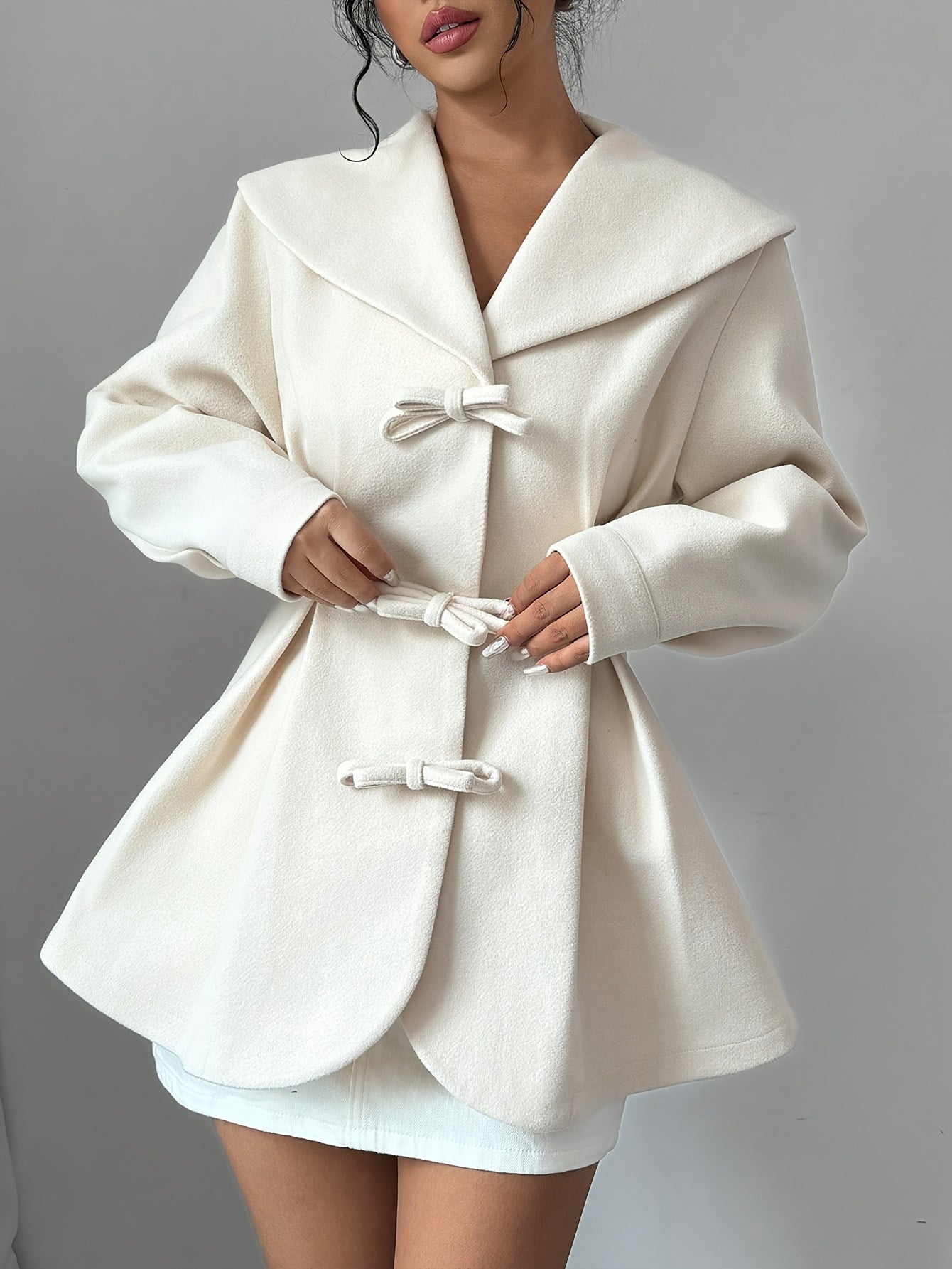 Elegant Winter Fashion Polyester Coat, Solid Color Woven Long Sleeve Overcoat, with Bow Detail