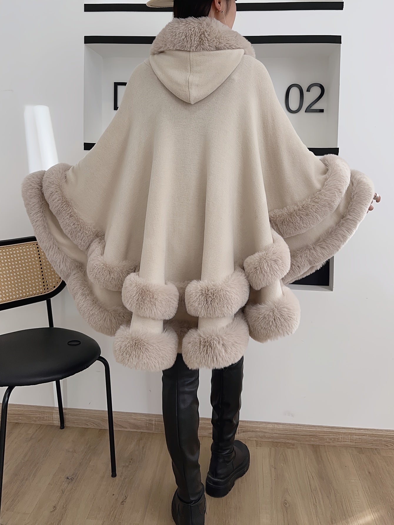 Chic Faux Fur Hooded Shawl Cape - Cozy Knit Cardigan for Women, Perfect for Fall/Winter