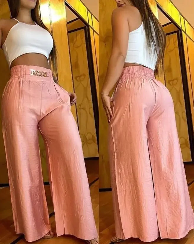 Women's High Waist Wide Leg Pants, Elegant Chain Decor, Black Trousers, Casual Clothes, White, Summer