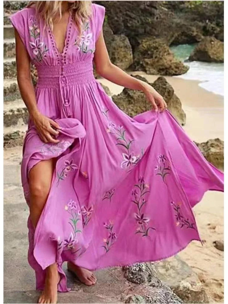 Women's Sexy Summer Print Beach Holiday Long Dresses Fashion Deep V Neck High Waist Lace Up Slim Elegant Female Bohemian Dress