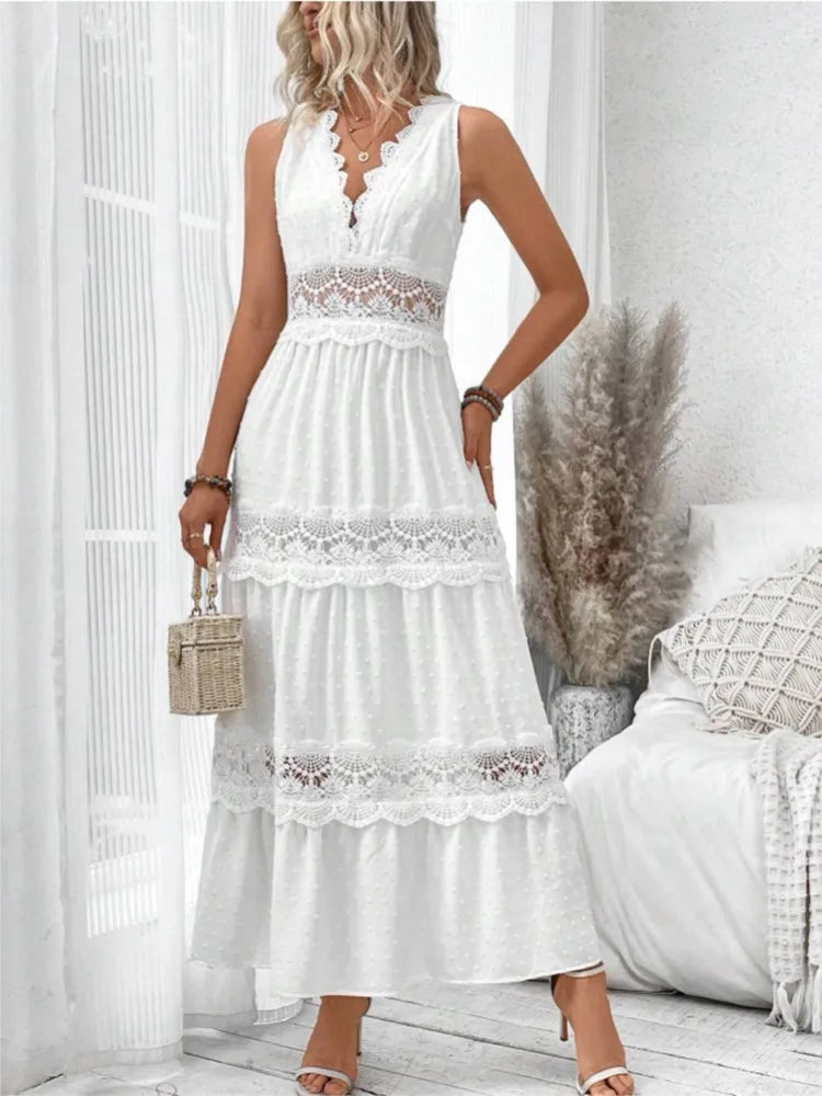 Women's White Party Dress Fashion Lace V-neck Ruffle Hook Flower Hollow Waist Maxi Women Dresses Summer Sexy Prom Female Vestido