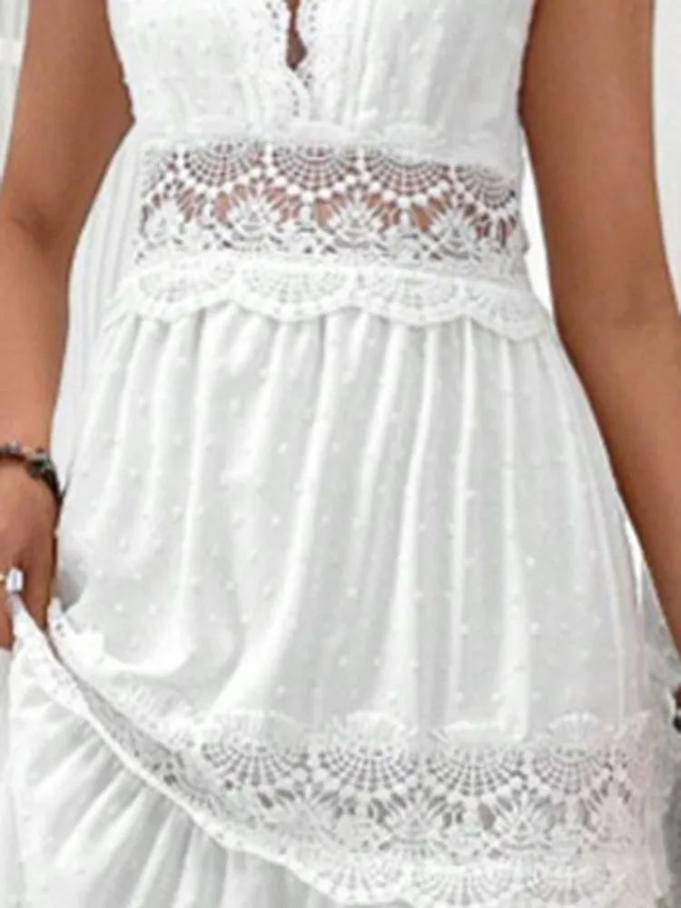 Women's White Party Dress Fashion Lace V-neck Ruffle Hook Flower Hollow Waist Maxi Women Dresses Summer Sexy Prom Female Vestido