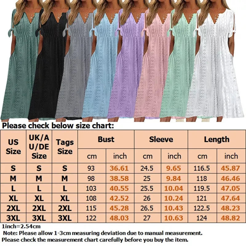 Women Long Dress V Neck Maxi Dresses Casual Loose High Waist Embroidered Dress Ladies Short Sleeve Party Sexy Dress With Pocket