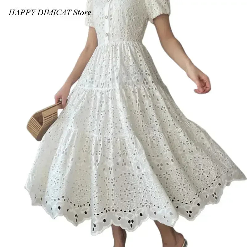 Sundress Boho Fashion A Line Vestidos Elbise Frocks Vintage Elegant Women Summer Embroidery Hollow Out Midi Long Dresses Lady