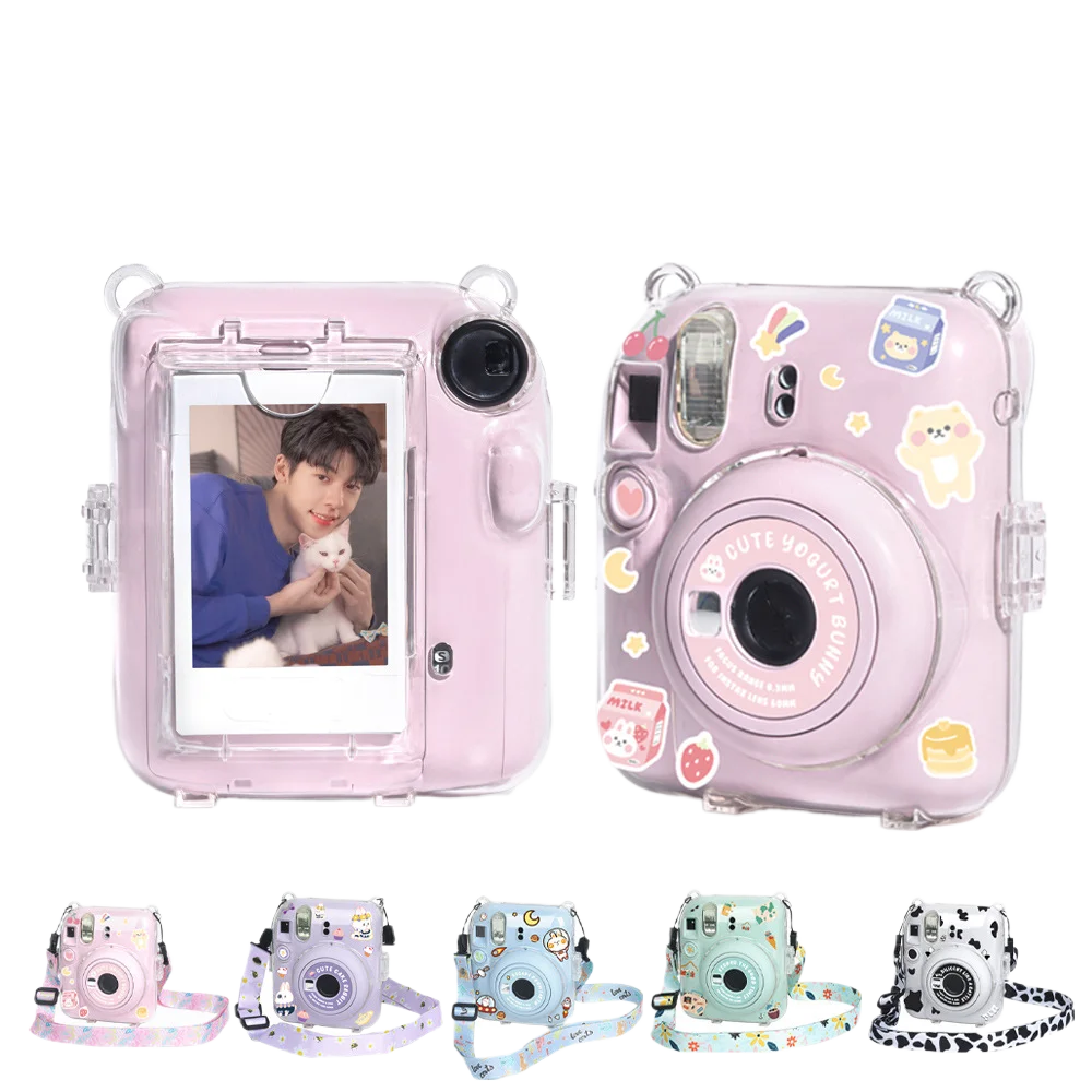 For Fujifilm Instax Mini 12 Transparent Camera Case With Photo Storage Bag Crystal Shell Strap Rope Sticker Sets