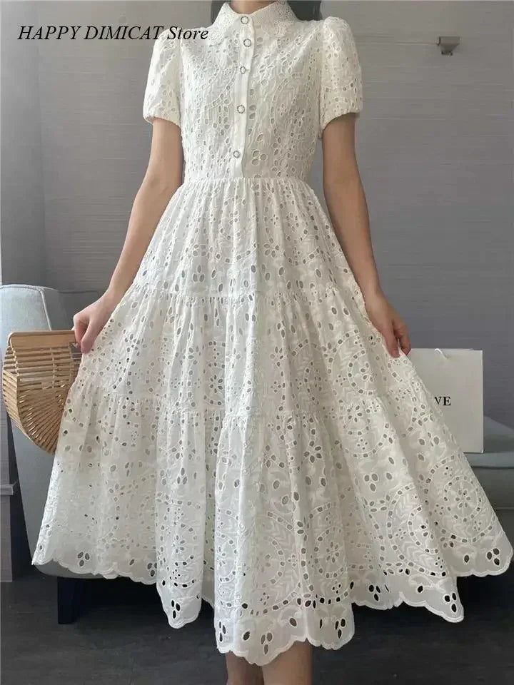 Sundress Boho Fashion A Line Vestidos Elbise Frocks Vintage Elegant Women Summer Embroidery Hollow Out Midi Long Dresses Lady