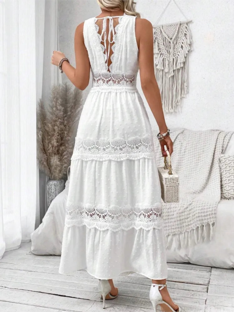 Women's White Party Dress Fashion Lace V-neck Ruffle Hook Flower Hollow Waist Maxi Women Dresses Summer Sexy Prom Female Vestido