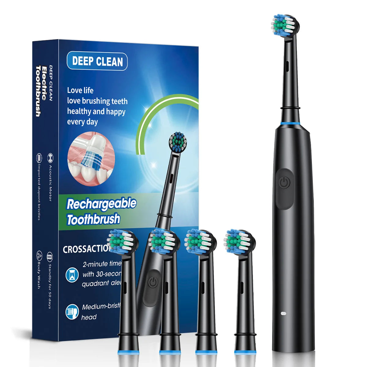 Smart Electric Toothbrush Rechargeable Rotary Tooth Brush for Adults Deep Teeth Cleaning with 8 Soft Brush Heads Oral Care