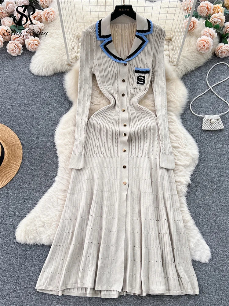 SINGREINY Autumn Winter Wear Dress Women Polo Single Breasted Pocket Design Bodycon Knitting Temperament Sweater Long Dresses