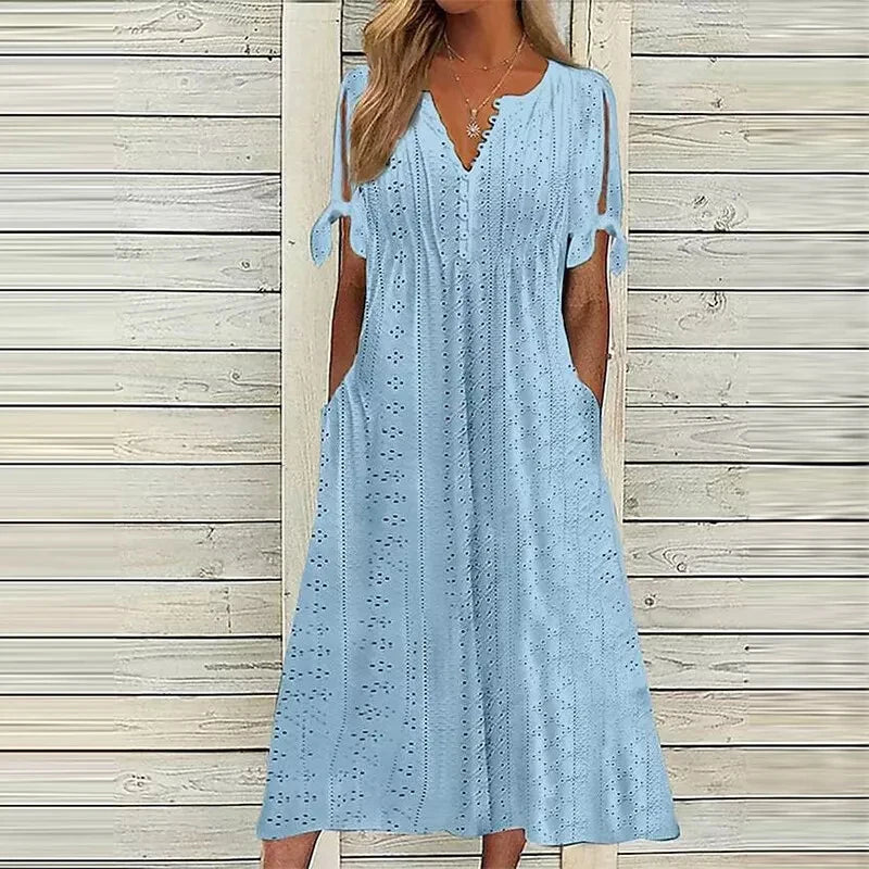 Women Long Dress V Neck Maxi Dresses Casual Loose High Waist Embroidered Dress Ladies Short Sleeve Party Sexy Dress With Pocket